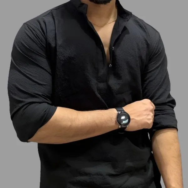 Black_Cotton_Blend_Mandarin_Neck_Full_Sleeve_Self_Design_short_kurta_shirt_For_Men