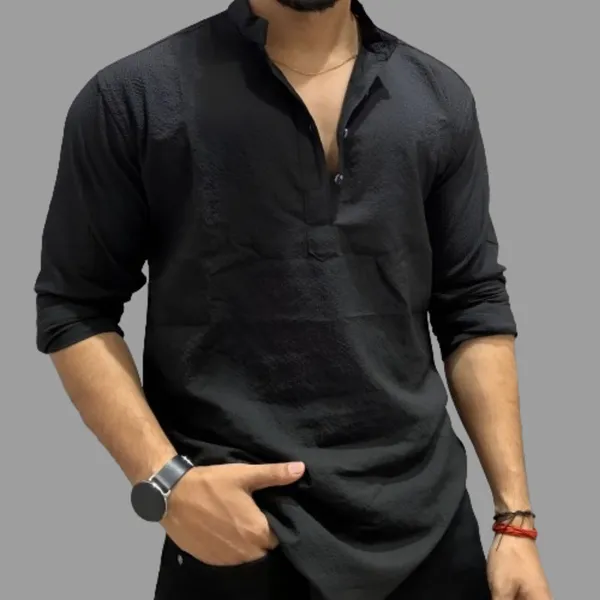 Black_Cotton_Blend_Mandarin_Neck_Full_Sleeve_Self_Design_short_kurta_shirt_For_Men