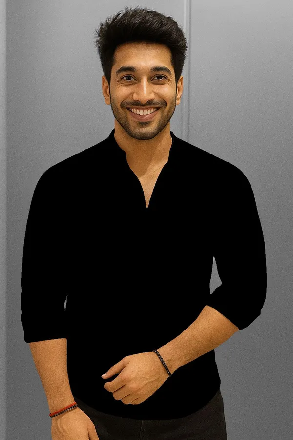 Black_Cotton_Blend_Mandarin_Neck_Full_Sleeve_Self_Design_short_kurta_shirt_For_Men