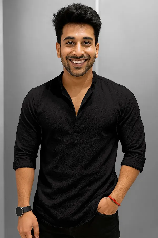Black_Cotton_Blend_Mandarin_Neck_Full_Sleeve_Self_Design_short_kurta_shirt_For_Men