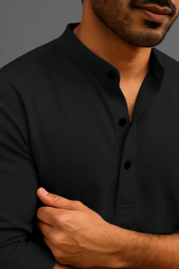 Black_Cotton_Blend_Mandarin_Neck_Full_Sleeve_Self_Design_short_kurta_shirt_For_Men