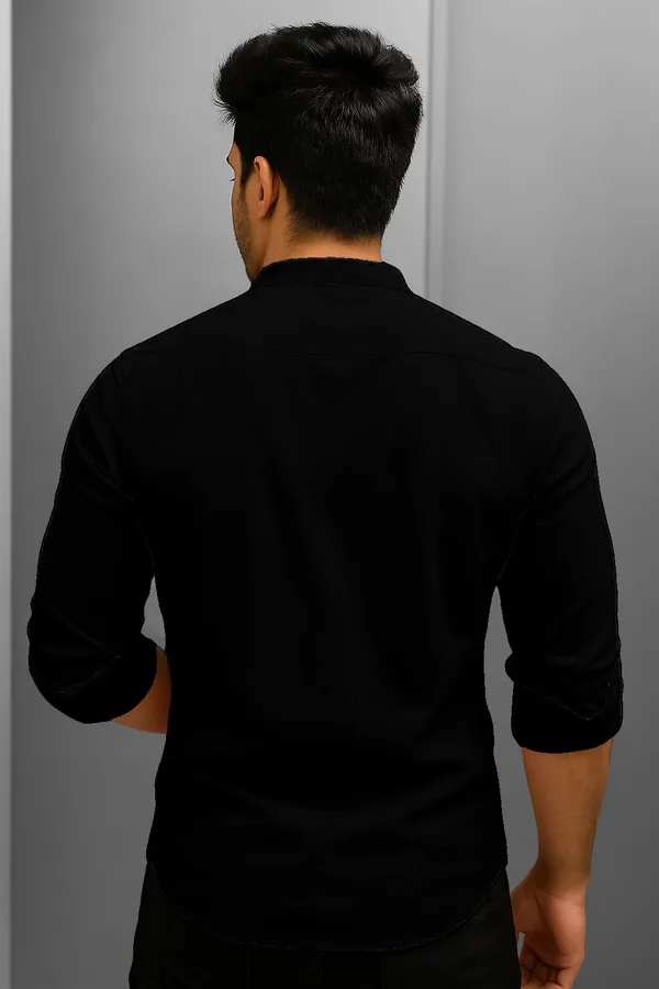 Black_Cotton_Blend_Mandarin_Neck_Full_Sleeve_Self_Design_short_kurta_shirt_For_Men