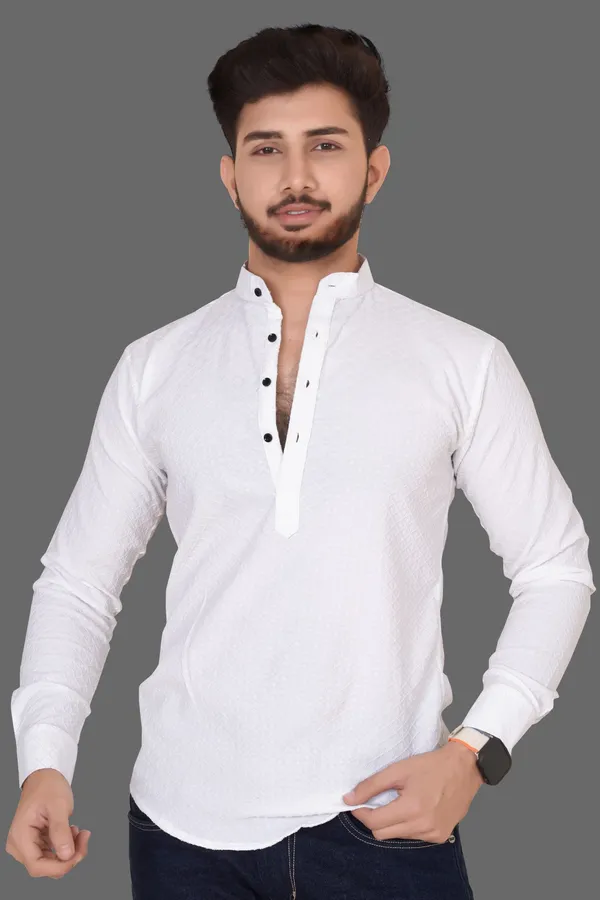 White_Cotton_Blend_Mandarin_Neck_Full_Sleeve_Solid_Kurta_Shirt_For_Men