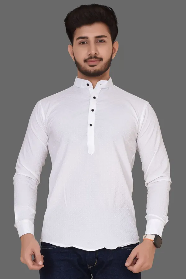 White_Cotton_Blend_Mandarin_Neck_Full_Sleeve_Solid_Kurta_Shirt_For_Men