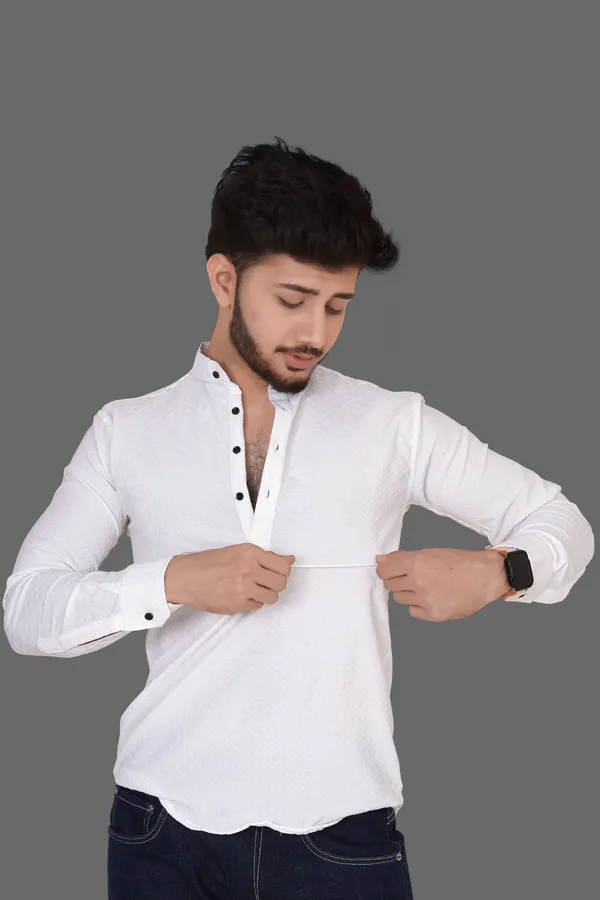 White_Cotton_Blend_Mandarin_Neck_Full_Sleeve_Solid_Kurta_Shirt_For_Men
