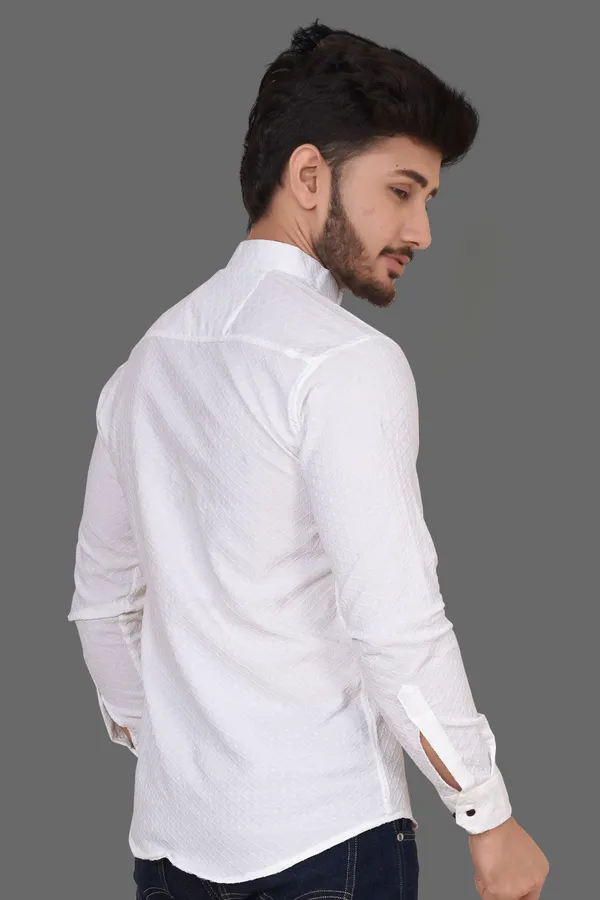White_Cotton_Blend_Mandarin_Neck_Full_Sleeve_Solid_Kurta_Shirt_For_Men