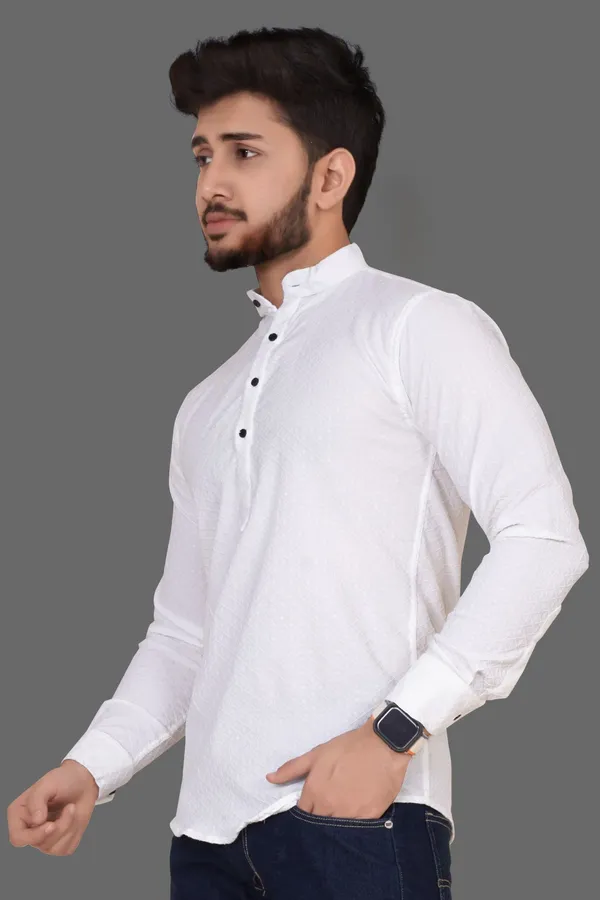 White_Cotton_Blend_Mandarin_Neck_Full_Sleeve_Solid_Kurta_Shirt_For_Men