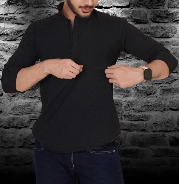 Black_Cotton_Blend_Mandarin_Neck_Full_Sleeve_Solid_Kurta_Shirt_For_Men