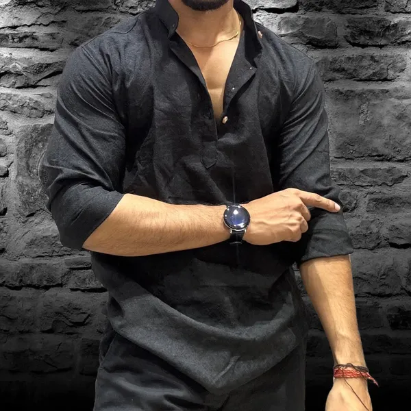 Black_Cotton_Blend_Mandarin_Neck_Full_Sleeve_Solid_Kurta_Shirt_For_Men
