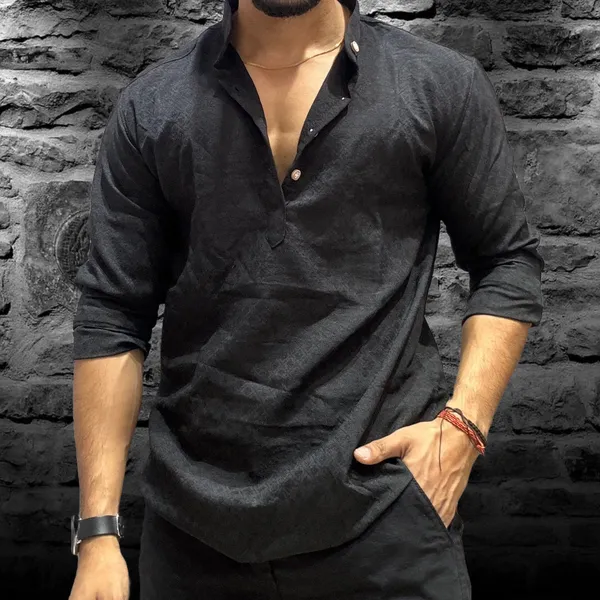 Black_Cotton_Blend_Mandarin_Neck_Full_Sleeve_Solid_Kurta_Shirt_For_Men