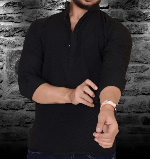 Black_Cotton_Blend_Mandarin_Neck_Full_Sleeve_Solid_Kurta_Shirt_For_Men