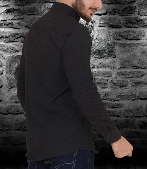 Black_Cotton_Blend_Mandarin_Neck_Full_Sleeve_Solid_Kurta_Shirt_For_Men