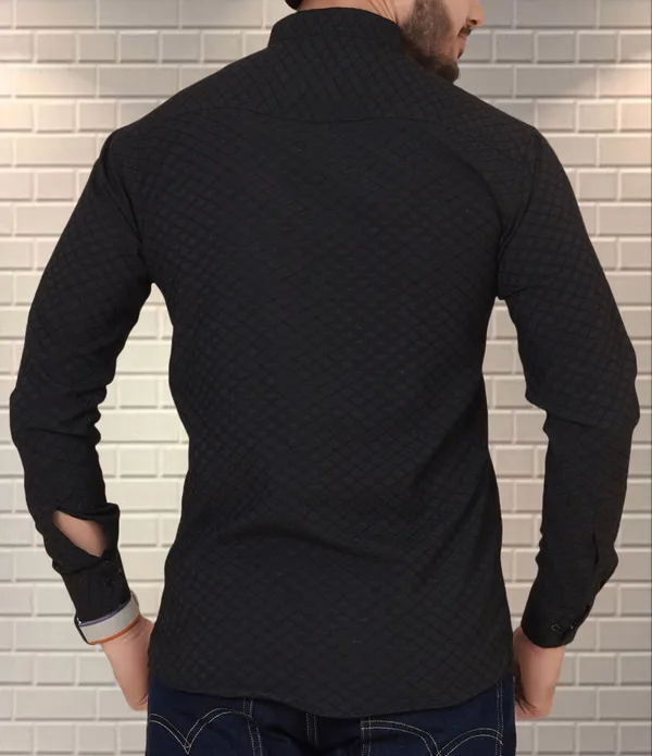 Black_Cotton_Blend_Mandarin_Neck_Full_Sleeve_Self_Design_Kurta_Shirt_For_Men