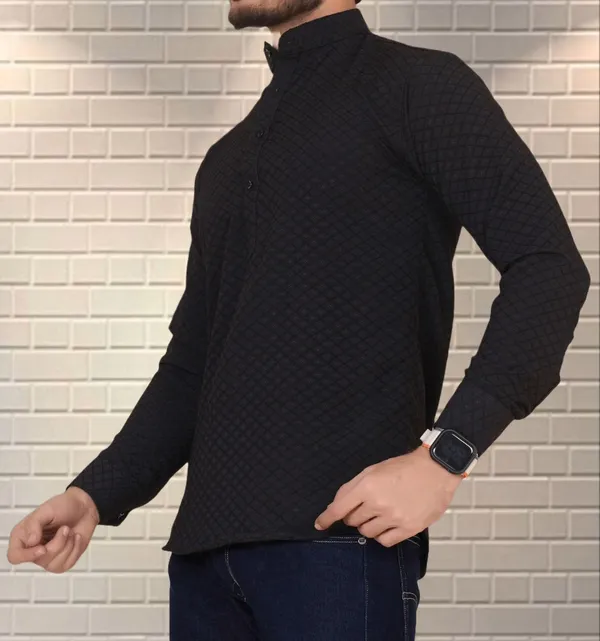 Black_Cotton_Blend_Mandarin_Neck_Full_Sleeve_Self_Design_Kurta_Shirt_For_Men