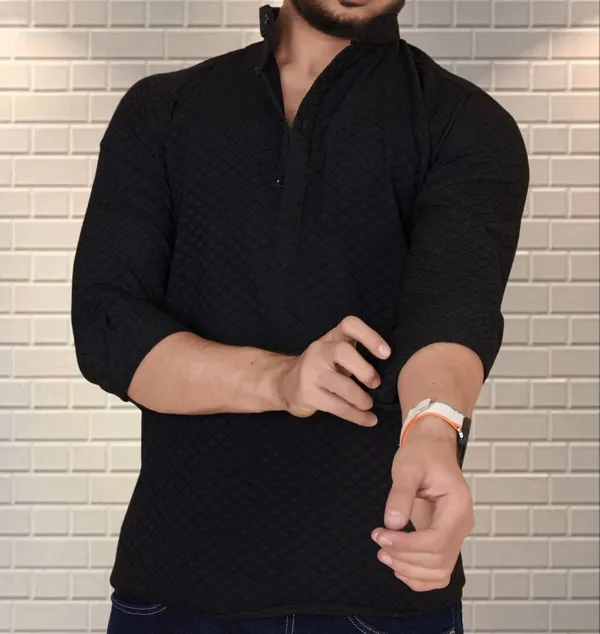 Black_Cotton_Blend_Mandarin_Neck_Full_Sleeve_Self_Design_Kurta_Shirt_For_Men
