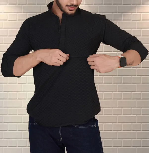 Black_Cotton_Blend_Mandarin_Neck_Full_Sleeve_Self_Design_Kurta_Shirt_For_Men