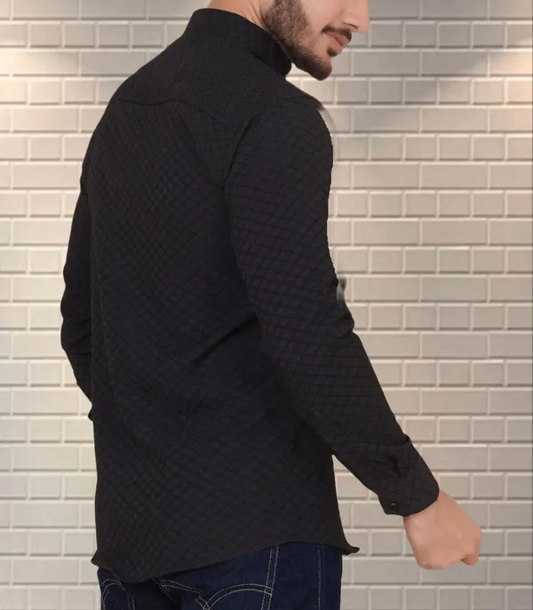 Black_Cotton_Blend_Mandarin_Neck_Full_Sleeve_Self_Design_Kurta_Shirt_For_Men