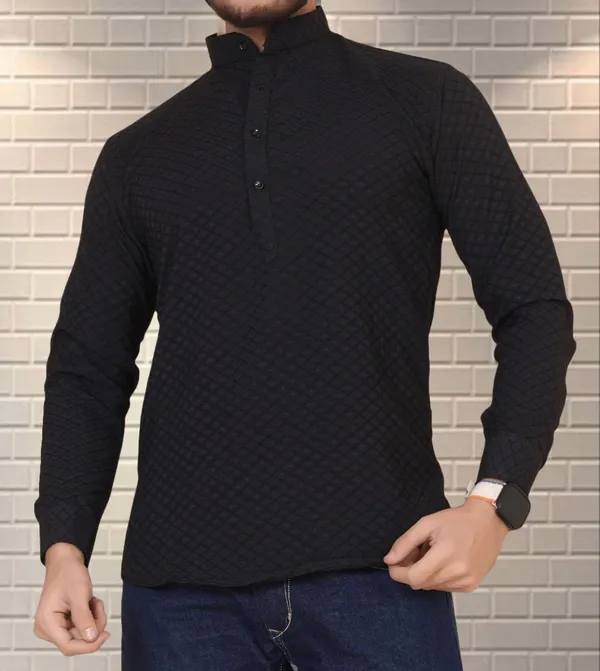 Black_Cotton_Blend_Mandarin_Neck_Full_Sleeve_Self_Design_Kurta_Shirt_For_Men