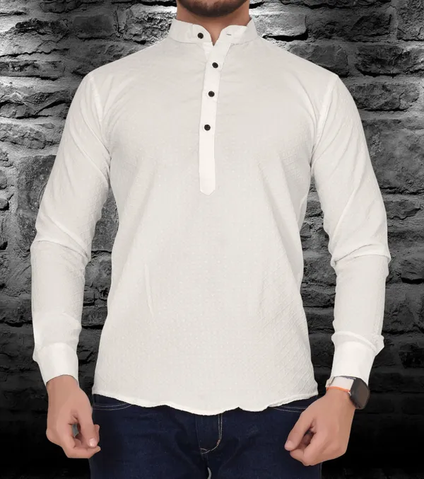 Off_White_Cotton_Blend_Mandarin_Neck_Full_Sleeve_Self_Design_Kurta_Shirt_For_Men