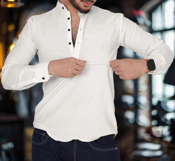 Off_White_Cotton_Blend_Mandarin_Neck_Full_Sleeve_Self_Design_Kurta_Shirt_For_Men