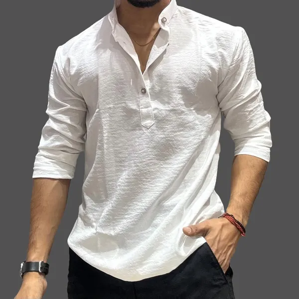 White_Cotton_Blend_Mandarin_Neck_Full_Sleeve_Solid_Kurta_Shirt_For_Men