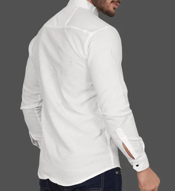 White_Cotton_Blend_Mandarin_Neck_Full_Sleeve_Solid_Kurta_Shirt_For_Men