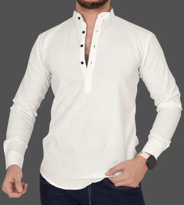 White_Cotton_Blend_Mandarin_Neck_Full_Sleeve_Solid_Kurta_Shirt_For_Men