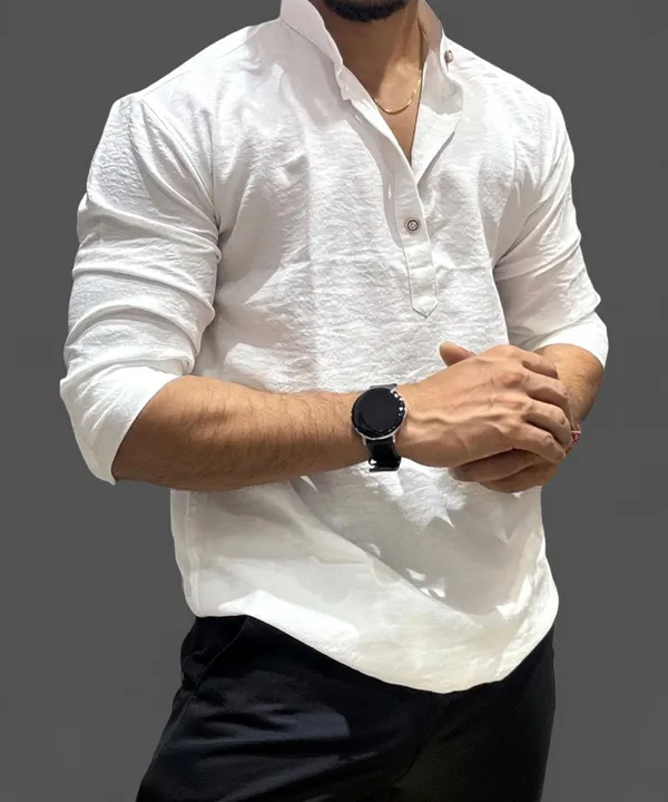 White_Cotton_Blend_Mandarin_Neck_Full_Sleeve_Solid_Kurta_Shirt_For_Men