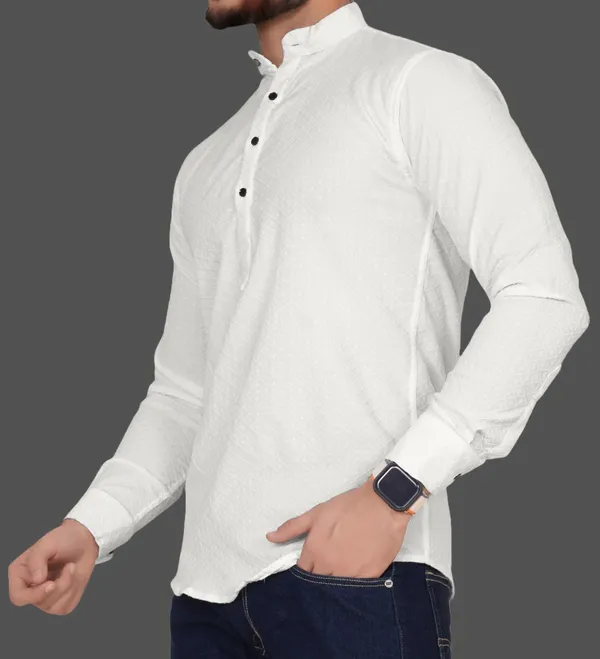 White_Cotton_Blend_Mandarin_Neck_Full_Sleeve_Solid_Kurta_Shirt_For_Men