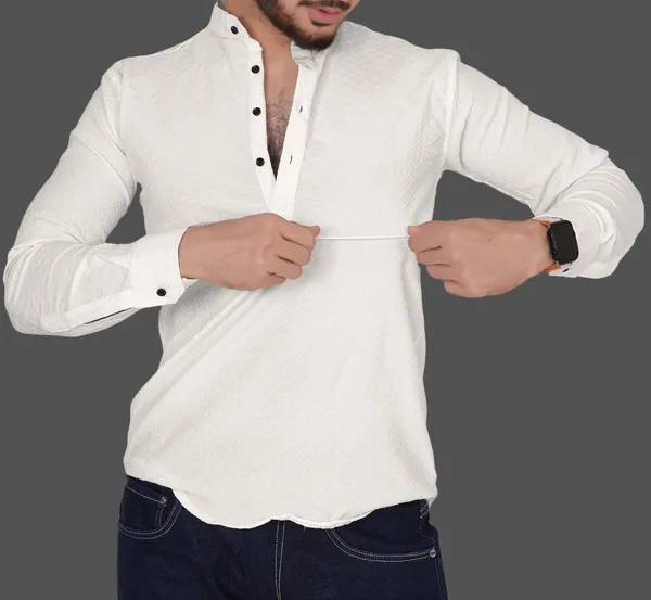 White_Cotton_Blend_Mandarin_Neck_Full_Sleeve_Solid_Kurta_Shirt_For_Men