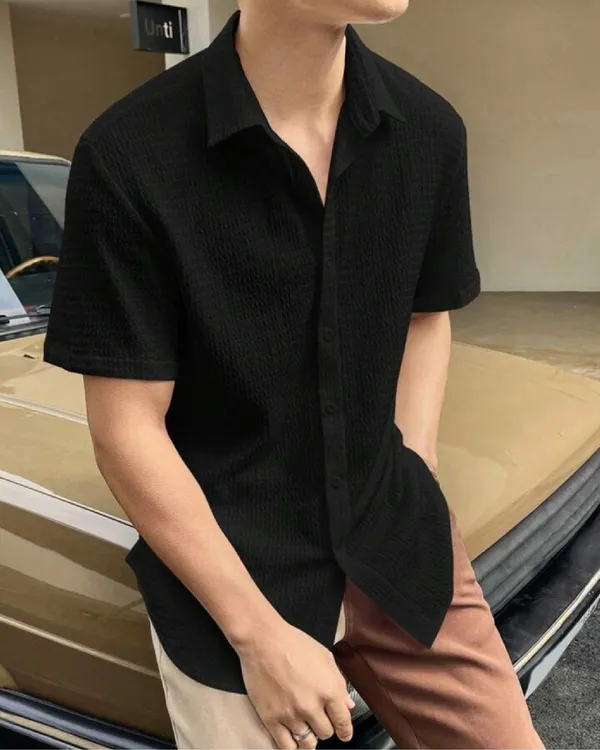 Black_Polycotton_Short_Sleeve_Casual_Short_Sleeve_Shirt_For_Men