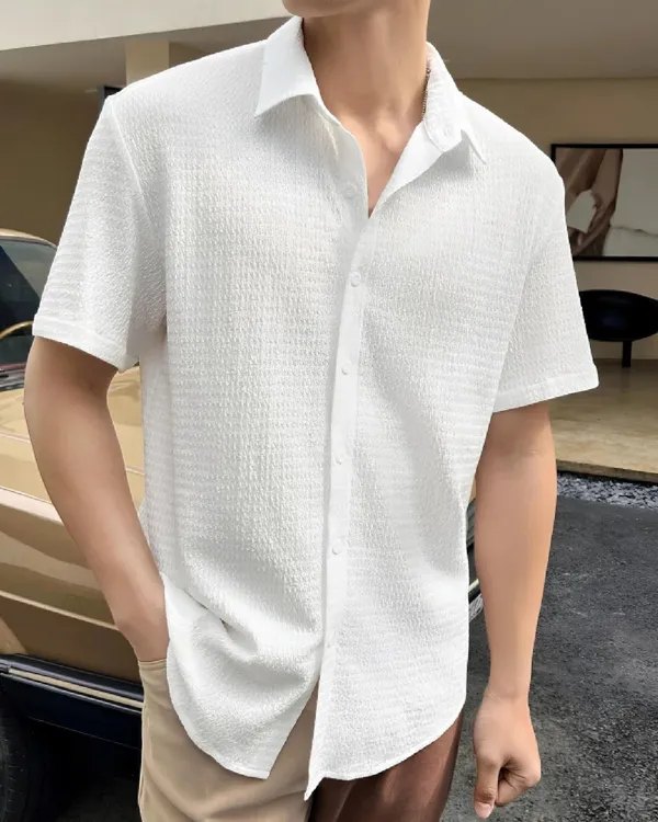 White_Polycotton_Short_Sleeve_Casual_Short_Sleeve_Shirt_For_Men