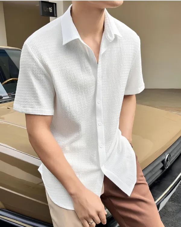 White_Polycotton_Short_Sleeve_Casual_Short_Sleeve_Shirt_For_Men