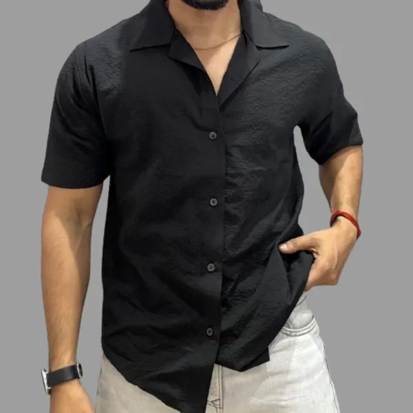 Black_Polycotton_Short_Sleeve_Casual_Short_Sleeve_Shirt_For_Men