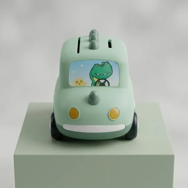 Cute_Mint_Green_CarShaped_Bank_With_Dinosaur_Design