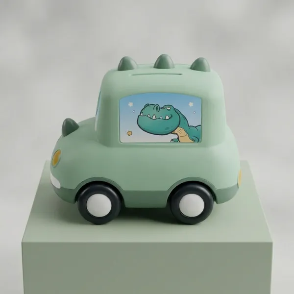 Cute_Mint_Green_CarShaped_Bank_With_Dinosaur_Design