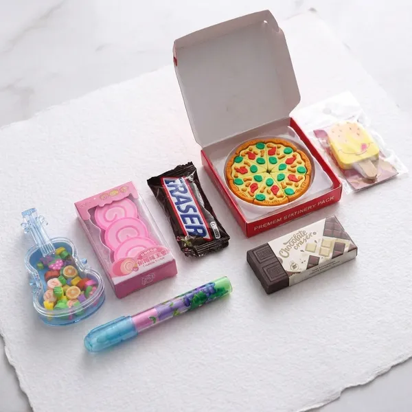 Novelty_FoodThemed_Stationery_Eraser_Gift_Set_With_GuitarShaped_Pizza_Cookie_Smiley_Eraser_And_More