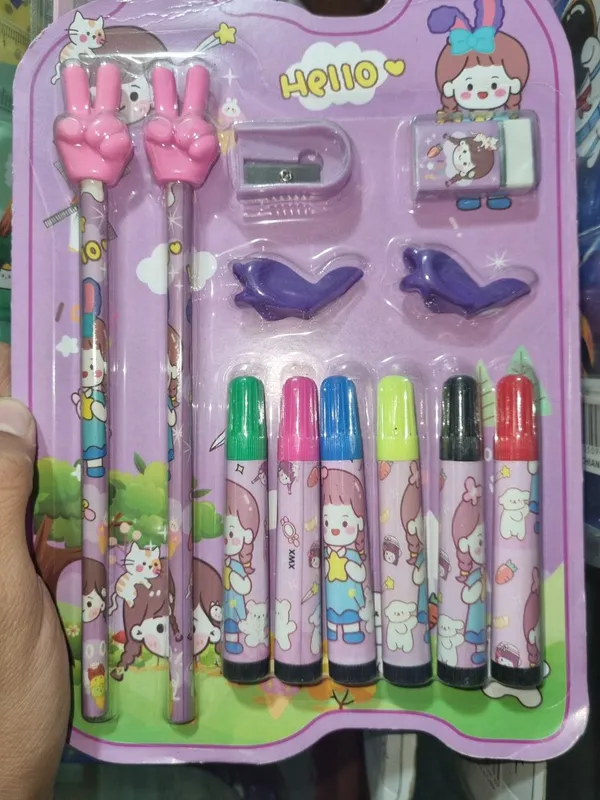 Cute_Cartoon_Character_Stationery_Set_Pink_Peace_Sign_Pencils_Markers_And_Accessories_Pack_of_2