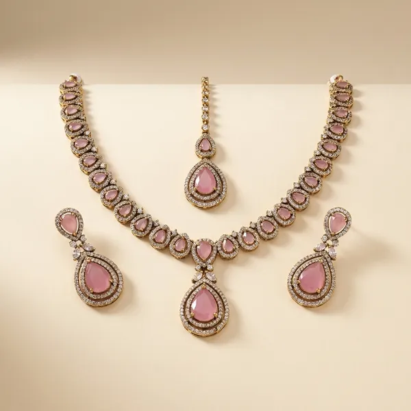 Golden_Kundan_Maang_Tikka_And_Earring_Set_With_Pink_Stones