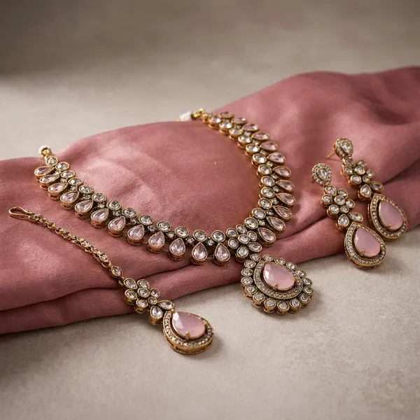 Golden_Kundan_Maang_Tikka_And_Earring_Set_With_Pink_Stones