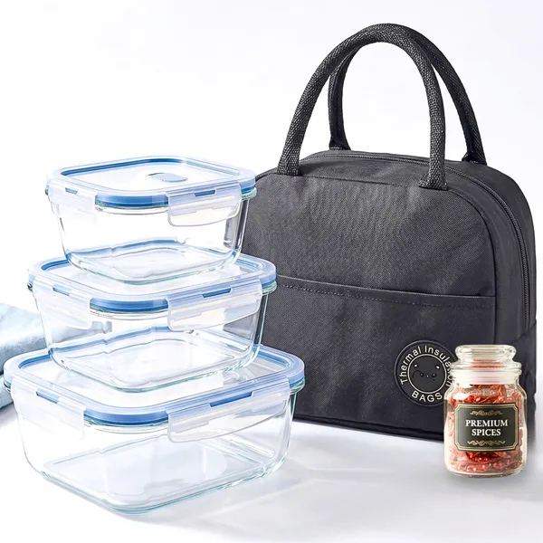Borosilicate_Square_Shape_Airtight_Glass_Food_Container-Set_of_three_(Free_Insulated_Tiffin_Bag_and_120_Ml._Glass_Jar_for_Pickle/Mouth_Freshner)