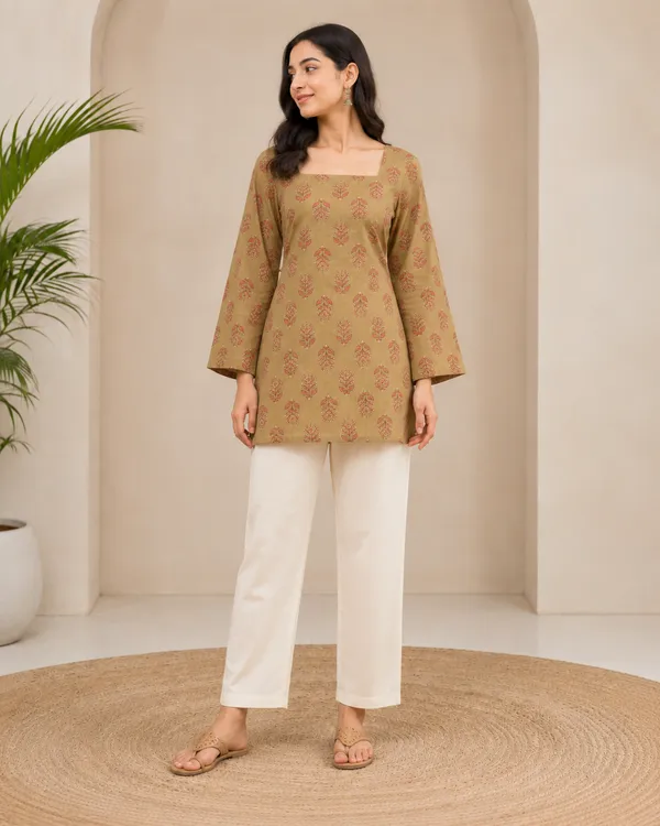 My_Think_Beige_Olive_Cotton_Printed_Kurti