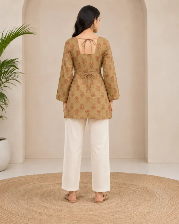 My_Think_Beige_Olive_Cotton_Printed_Kurti