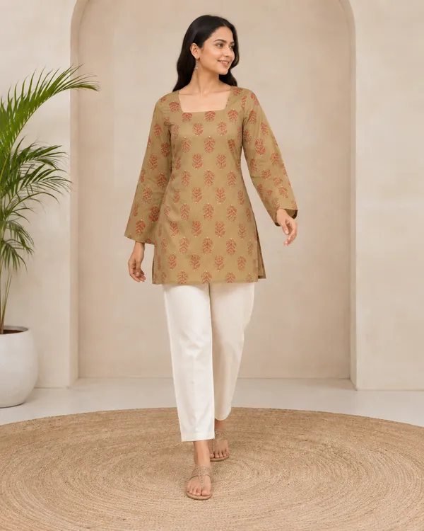 My_Think_Beige_Olive_Cotton_Printed_Kurti