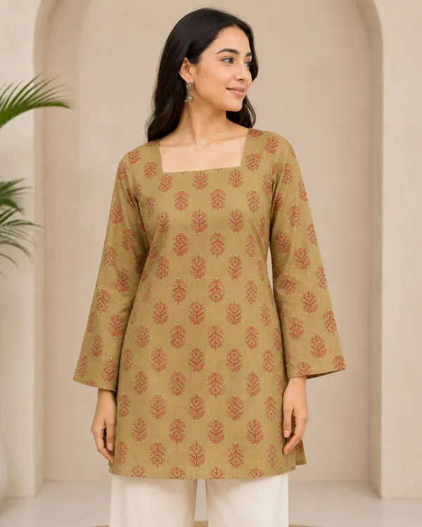 My_Think_Beige_Olive_Cotton_Printed_Kurti