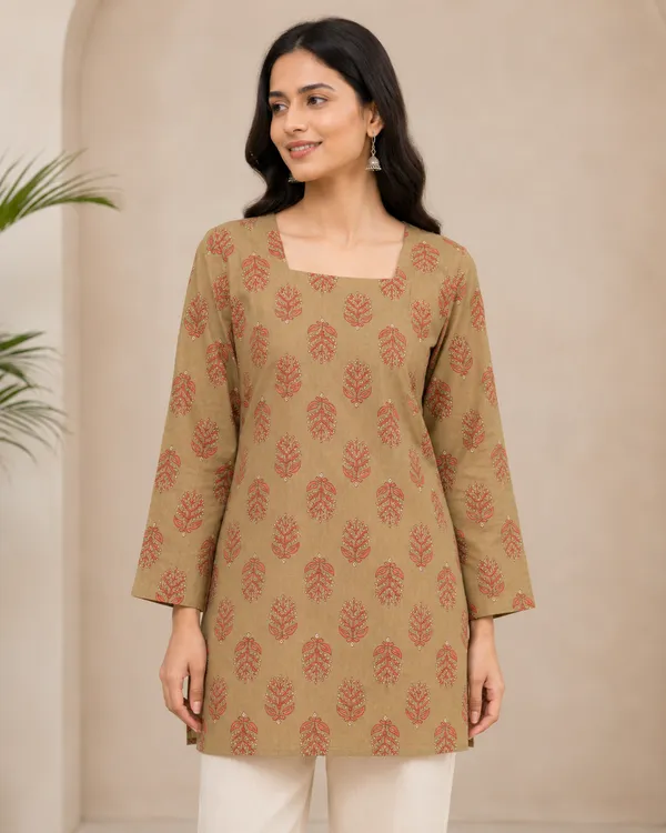 My_Think_Beige_Olive_Cotton_Printed_Kurti