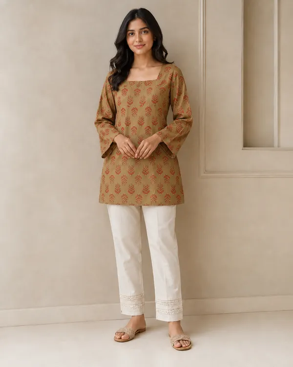 My_Think_Beige_Olive_Cotton_Printed_Kurti