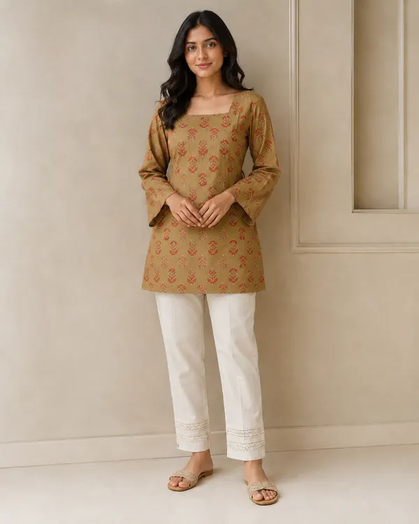 My_Think_Beige_Olive_Cotton_Printed_Kurti