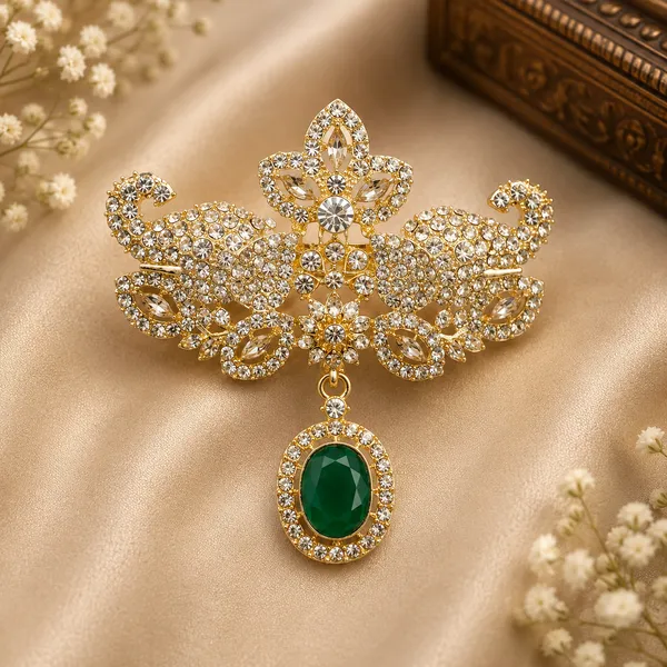 Sparkling_Floral_Crystal_Brooch_with_Green_Emerald_Drop