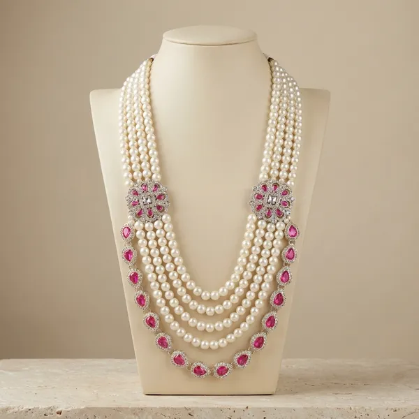 White_And_Pink_Metal_And_Pearls_Mala_For_Men